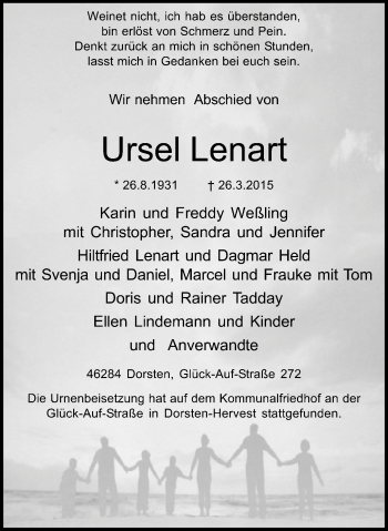 Traueranzeige von Ursel Lenart von Stadtspiegel Gelsenkirchen