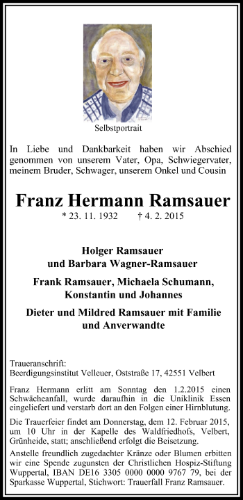 Traueranzeige von Franz Hermann Ramsauer von Stadtanzeiger Velbert + Heiligenhaus