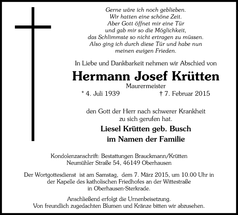  Traueranzeige für Hermann Josef Krütten vom 28.02.2015 aus Wochen-Anzeiger Oberhausen