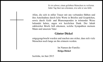 Traueranzeige von Günter Dickel von Stadtspiegel Iserlohn + Hemer