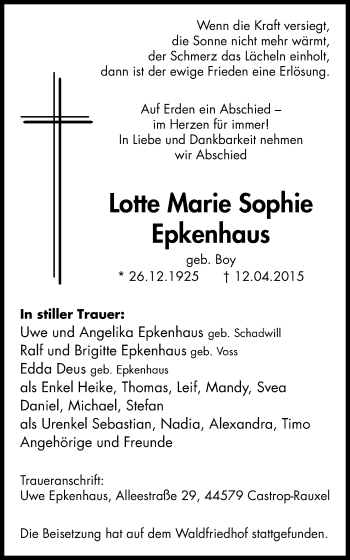 Traueranzeige von Lotte Marie Sophie Epkenhaus von Stadtanz.Castrop-Rauxel