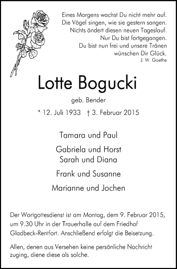 Traueranzeige von Lotte Bogucki von Stadtspiegel Gladbeck