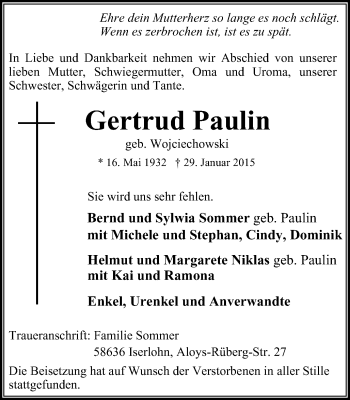 Traueranzeige von Gertrud Paulin von Stadtspiegel Iserlohn + Hemer