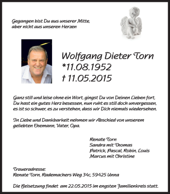 Traueranzeige von Wolfgang Dieter Torn von Stadtspiegel Kamen + Unna