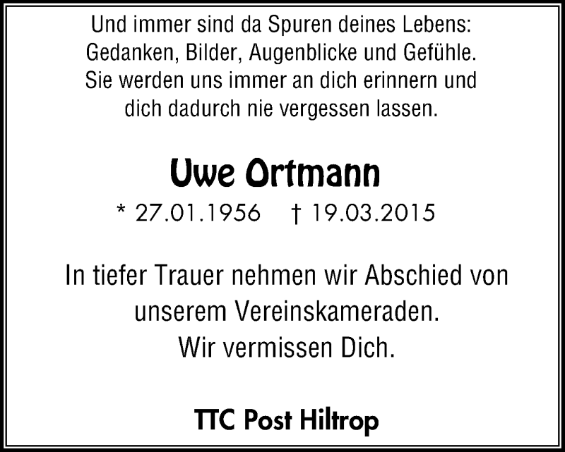  Traueranzeige für Uwe Ortmann vom 25.03.2015 aus Stadtspiegel Bochum