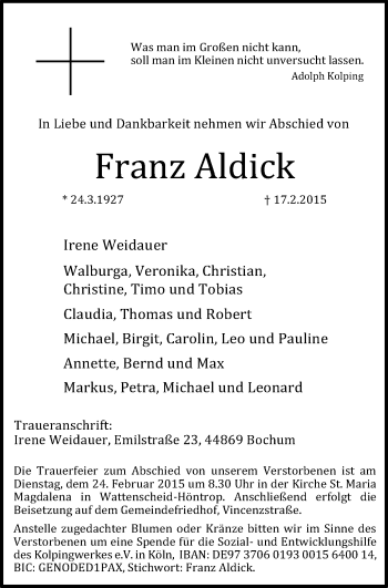 Traueranzeige von Franz Aldick von WVW Anzeigenblätter