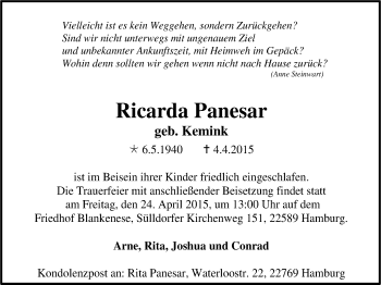 Traueranzeige von Ricarda Panesar von Stadtanzeiger Velbert + Heiligenhaus