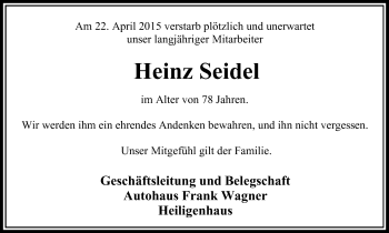Traueranzeige von Heinz Seidel von Stadtanzeiger Velbert + Heiligenhaus