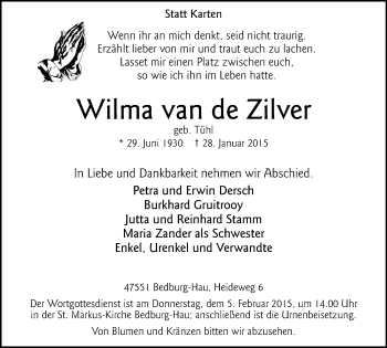 Traueranzeige von Wilma van de Zilver von Klever Wochenblatt