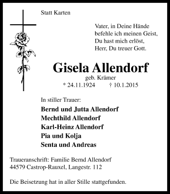 Traueranzeige von Gisela Allendorf von Stadtanz.Castrop-Rauxel