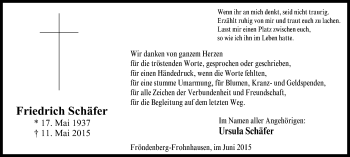 Traueranzeige von Friedrich Schäfer von Stadtspiegel Menden + Froendenberg