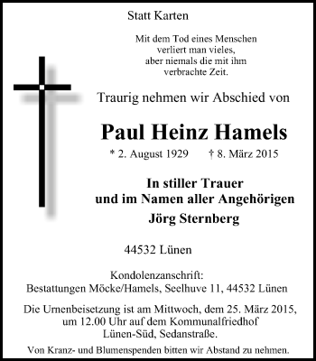 Traueranzeige von Paul Heinz Hamels von Lüner Anzeiger