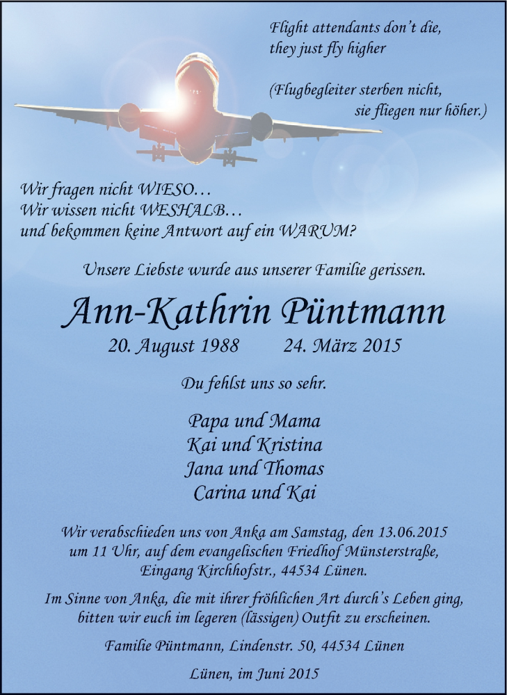  Traueranzeige für Ann-Kathrin Püntmann vom 13.06.2015 aus WVW Anzeigenblätter