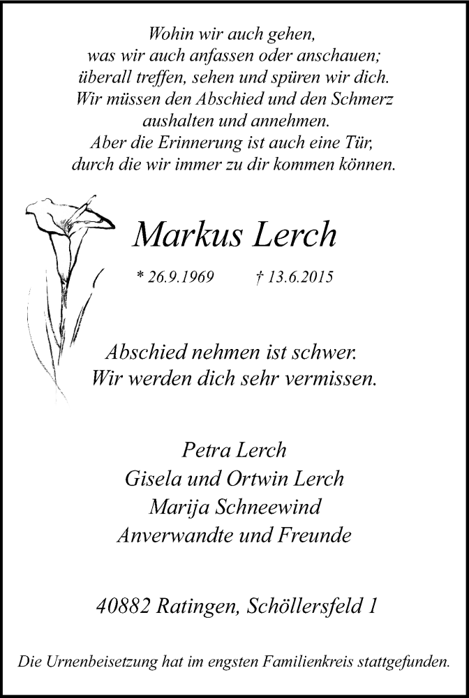  Traueranzeige für Markus Lerch vom 01.07.2015 aus Kettwig Kurier