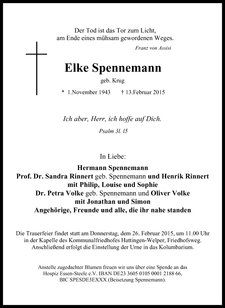  Traueranzeige für Elke Spennemann vom 21.02.2015 aus WVW Anzeigenblätter