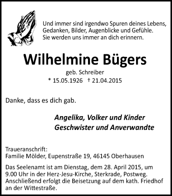 Traueranzeige von Wilhelmine Bügers von Wochen-Anzeiger Oberhausen