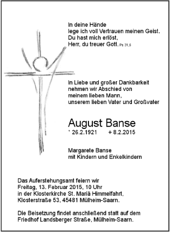 Traueranzeige von August Banse von Mülheimer Woche