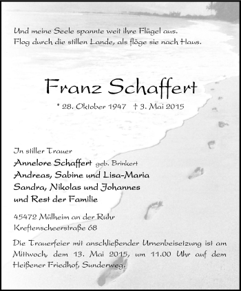 Traueranzeige von Franz Schaffert von Mülheimer Woche