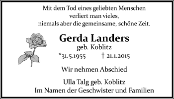 Traueranzeige von Gerda Landers von Wochen-Anzeiger Oberhausen