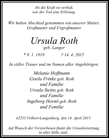 Traueranzeige von Ursula Roth von Stadtanzeiger Velbert + Heiligenhaus