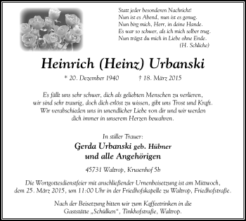 Traueranzeige von Heinrich Urbanski von Lüner Anzeiger