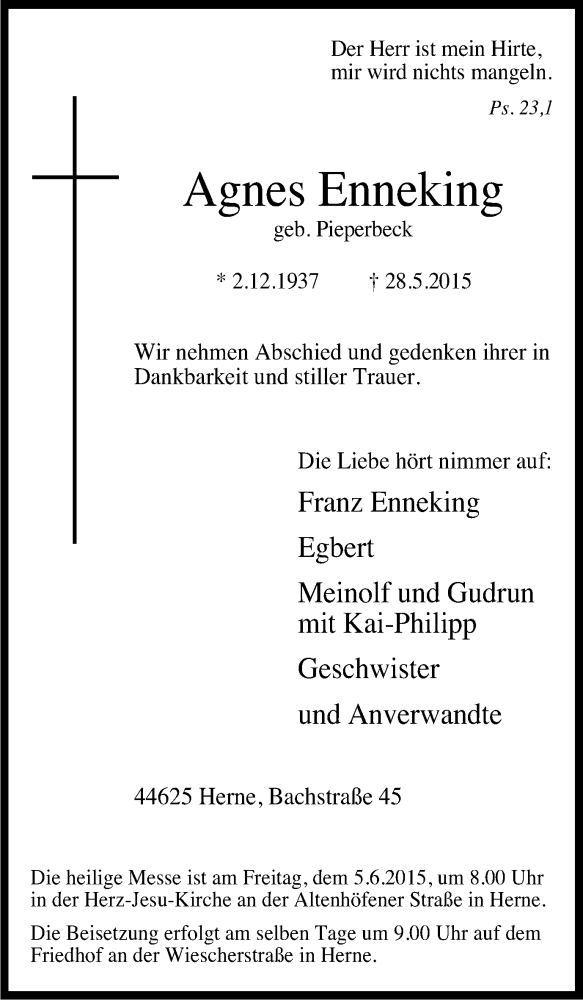  Traueranzeige für Agnes Enneking vom 30.05.2015 aus Wochenblatt Herne/Wanne-Eickel