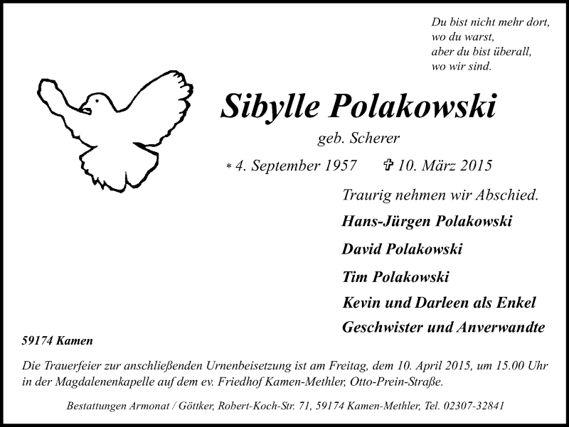  Traueranzeige für Sibylle Polakowski vom 01.04.2015 aus Stadtspiegel Kamen + Unna
