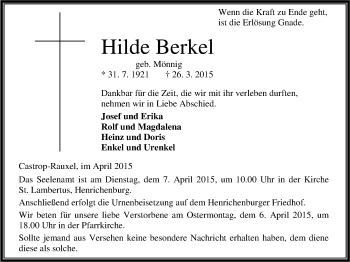 Traueranzeige von Hilde Berkel von Stadtanz.Castrop-Rauxel