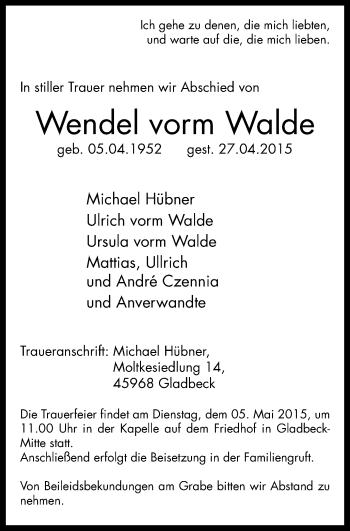 Traueranzeige von Wendel vorm Walde von Stadtspiegel Gladbeck