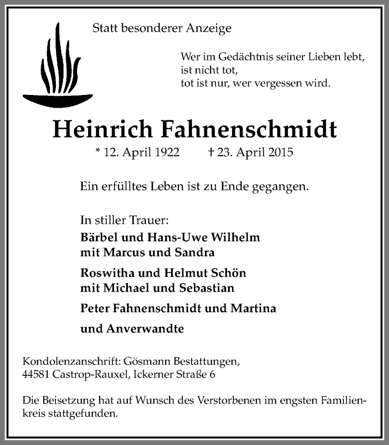  Traueranzeige für Heinrich Fahnenschmidt vom 13.05.2015 aus Stadtanz.Castrop-Rauxel