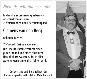 Traueranzeige von Clemens van den Berg von Klever Wochenblatt