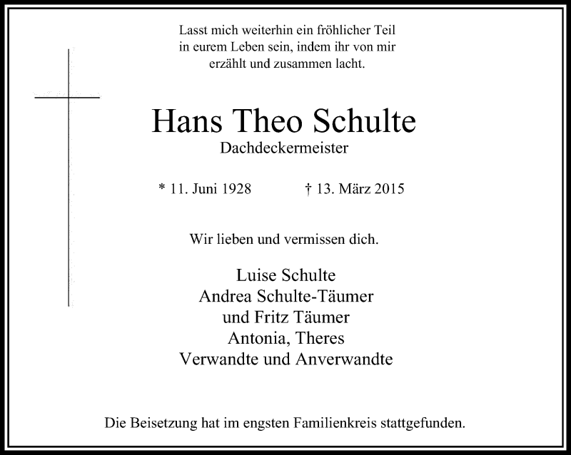  Traueranzeige für Hans Theo Schulte vom 21.03.2015 aus Stadtanzeiger Velbert + Heiligenhaus