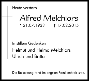 Traueranzeige von Alfred Melchiors von Wochen-Anzeiger Oberhausen
