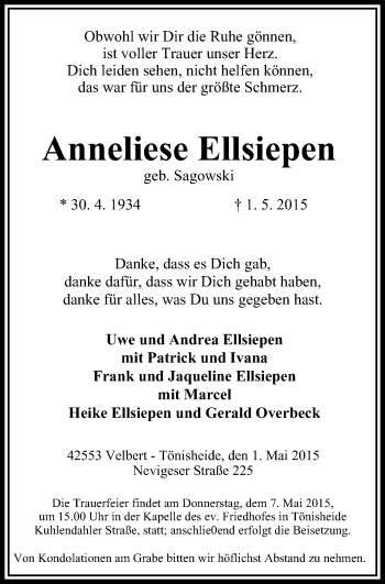 Traueranzeige von Anneliese Ellsiepen von Stadtanzeiger Velbert + Heiligenhaus