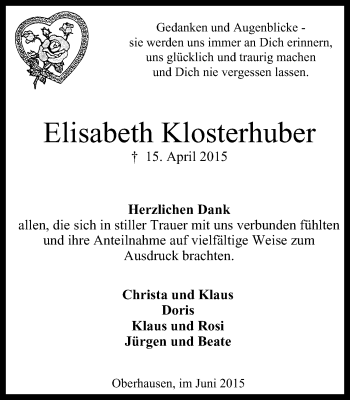 Traueranzeige von Elisabeth Klosterhuber von Wochen-Anzeiger Oberhausen