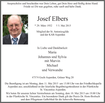 Traueranzeige von Josef Elbers von Gocher Wochenblatt