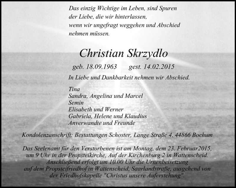  Traueranzeige für Christian Skrzydlo vom 21.02.2015 aus WVW Anzeigenblätter