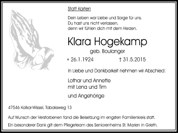 Traueranzeige von Klara Hogekamp von Stadtanzeiger Emmerich/Rees/Isselburg