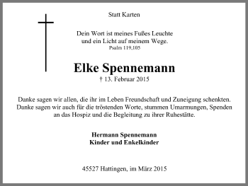 Traueranzeige von Elke Spennemann von WVW Anzeigenblätter