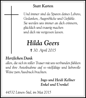 Traueranzeige von Hilda Geers von Lüner Anzeiger
