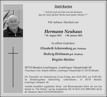 Traueranzeige von Hermann Neuhaus von Stadtspiegel Menden + Froendenberg