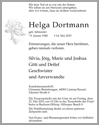 Traueranzeige von Helga Dortmann von Stadtspiegel Bochum
