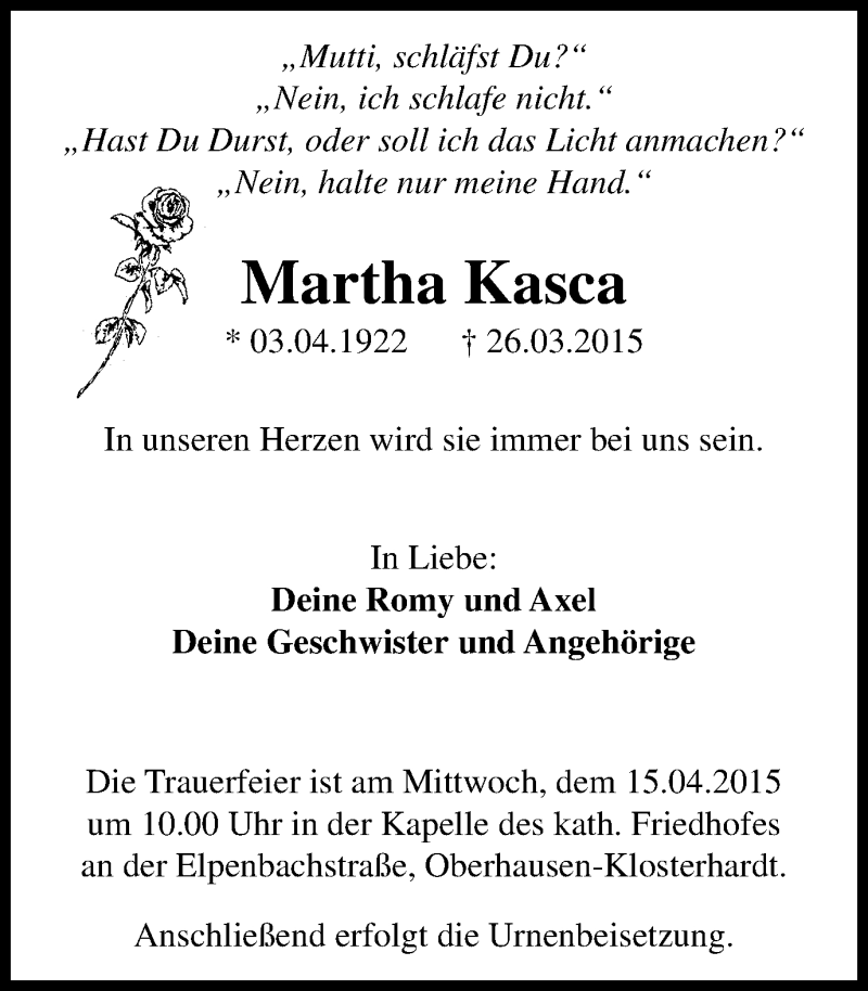  Traueranzeige für Martha Kasca vom 11.04.2015 aus Wochen-Anzeiger Oberhausen