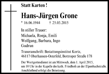 Traueranzeige von Hans-Jürgen Grone von WVW Anzeigenblätter