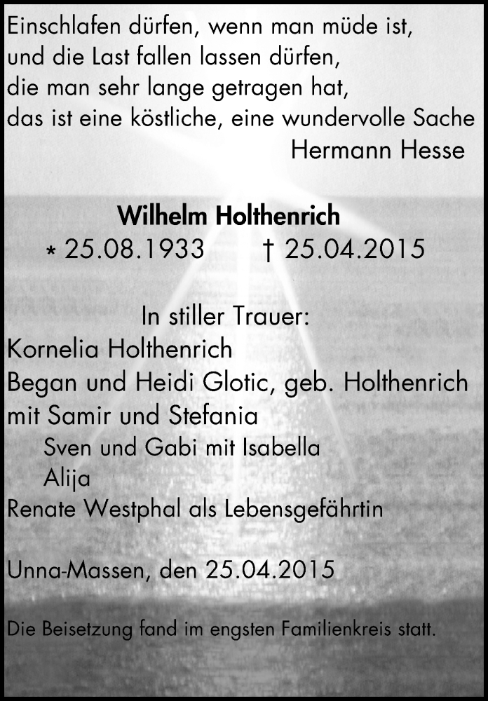  Traueranzeige für Wilhelm Holthenrich vom 13.05.2015 aus Stadtspiegel Kamen + Unna