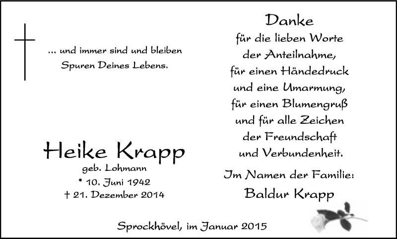  Traueranzeige für Heike Krapp vom 31.01.2015 aus Stadtspiegel Hattingen/Niedersprockhövel