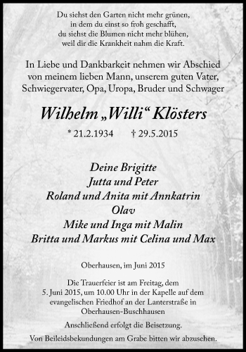 Traueranzeige von Wilhelm  Klösters von Wochen-Anzeiger Oberhausen