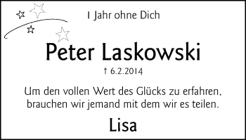 Traueranzeige von Peter Laskowski von Wochen-Anzeiger Oberhausen