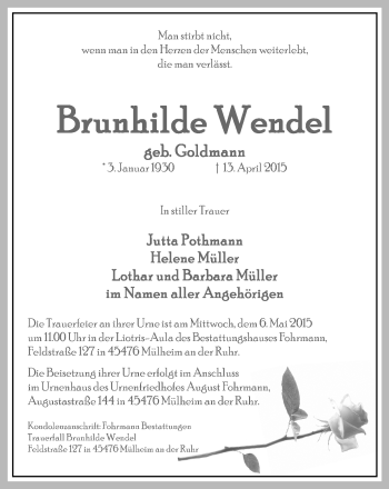 Traueranzeige von Brunhilde Wendel von Mülheimer Woche