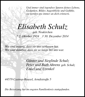 Traueranzeige von Elisabeth Schulz von WVW Anzeigenblätter